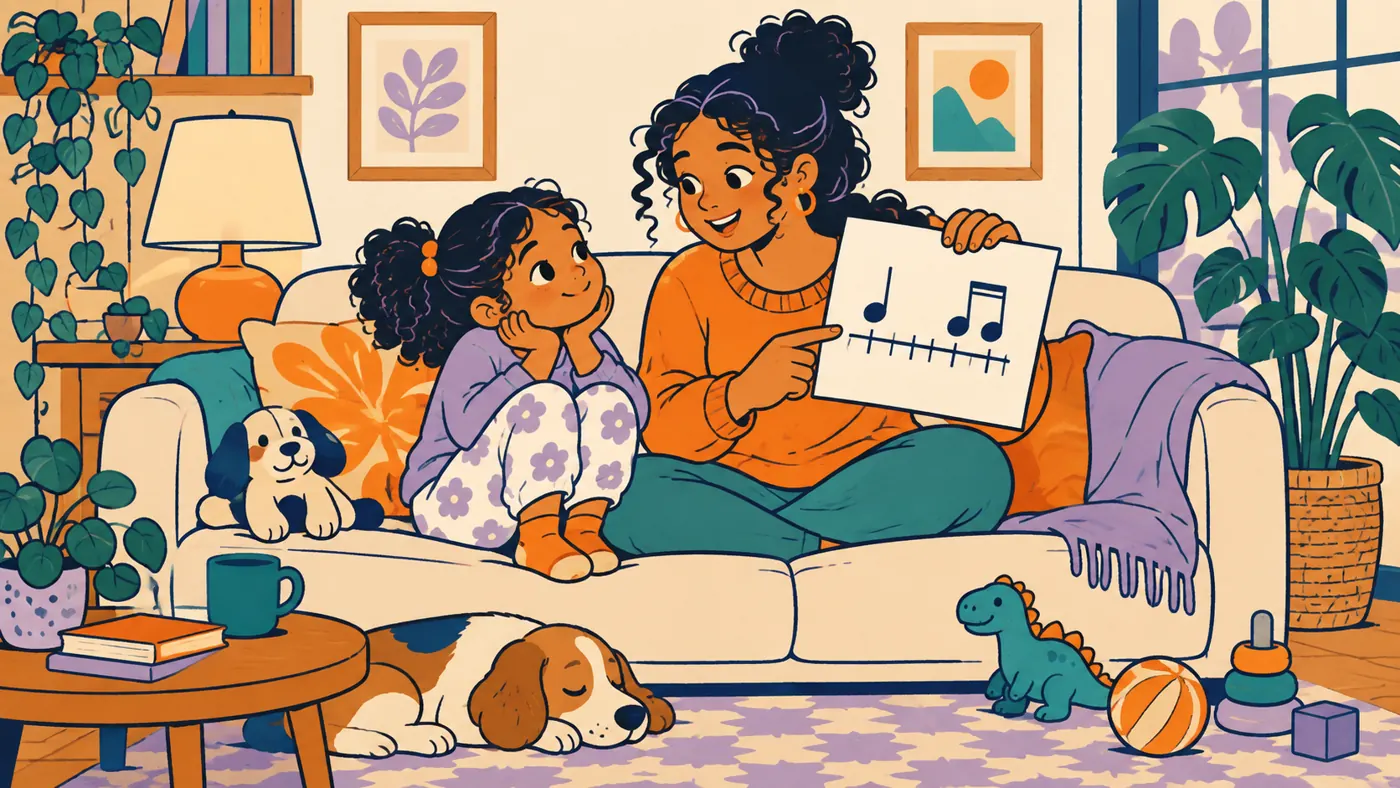 Mãe no sofá mostra à filha um papel com duas notas musicais, no meio da sala de brinquedos.