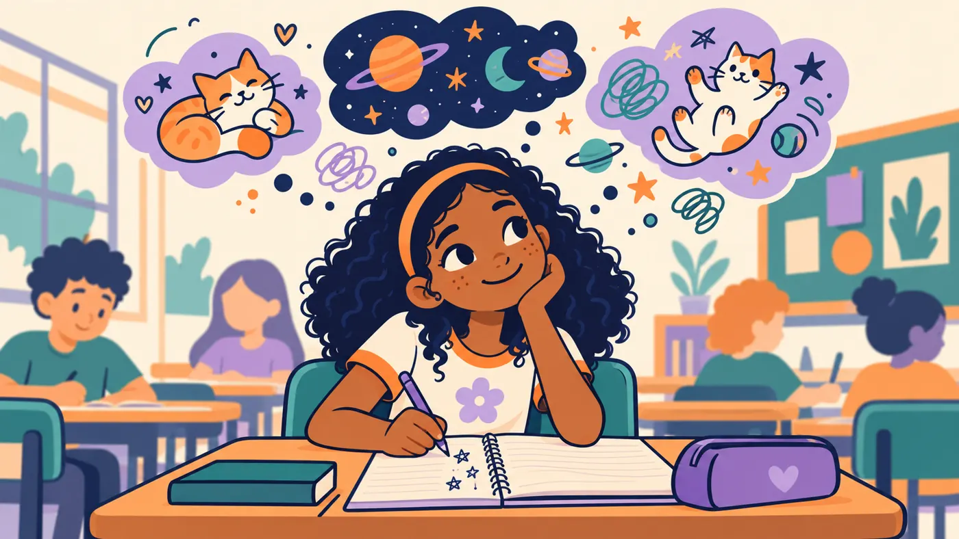 Menina na carteira da sala, desenhando estrelas no caderno enquanto pensa em gatos e planetas.