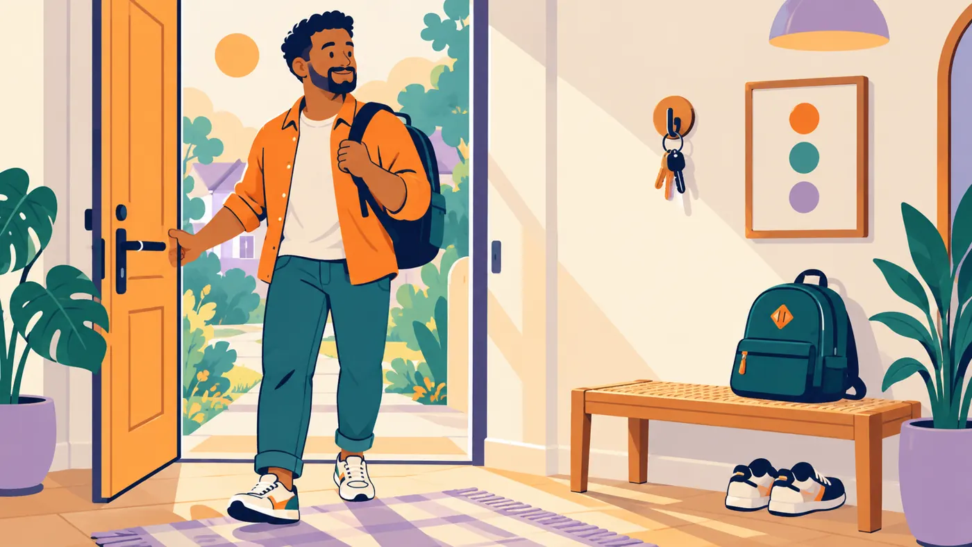 Homem na porta de casa, com chave no gancho, mochila no banco e sapatos no chão.