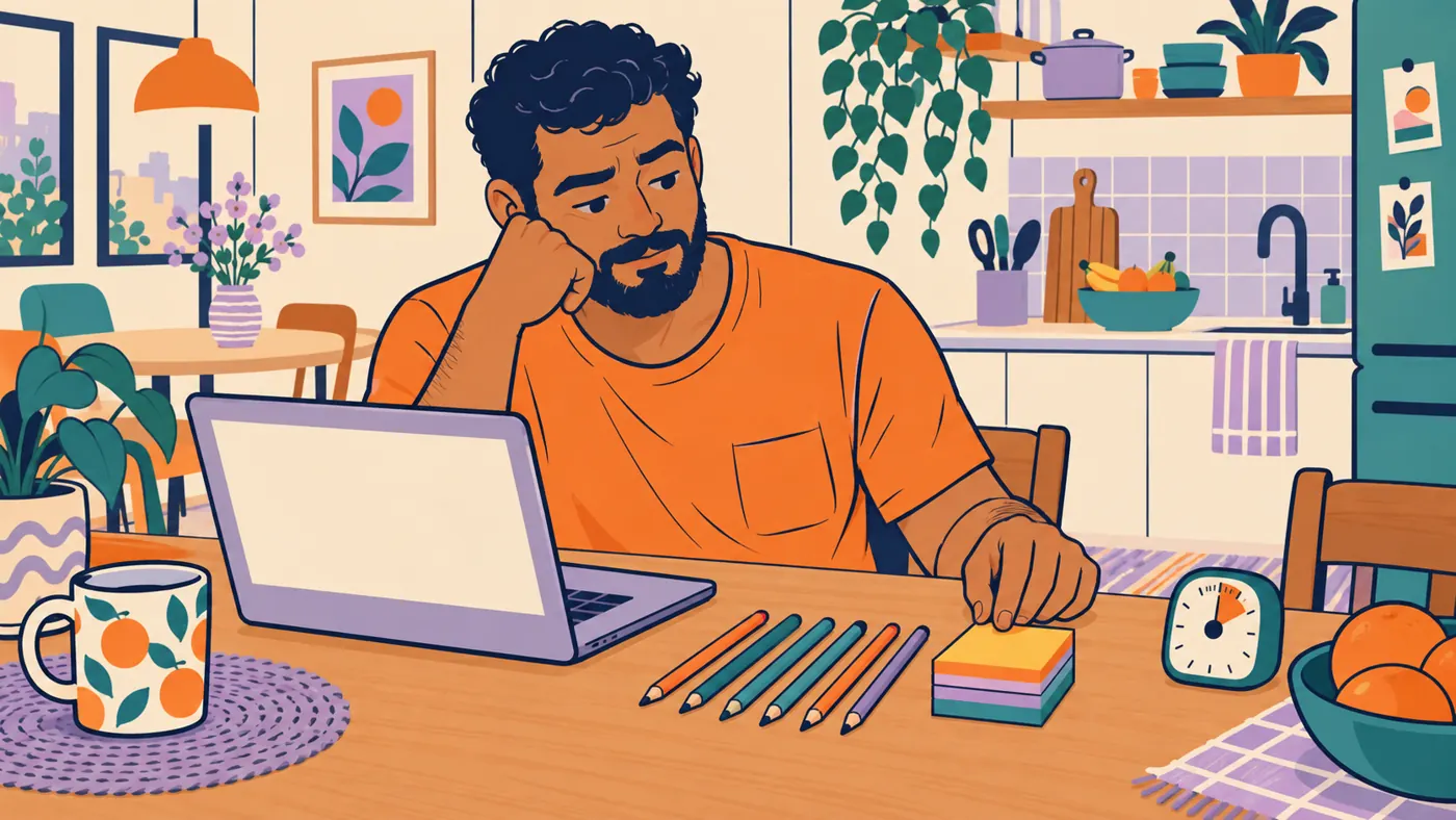 Homem na cozinha diante de um laptop em branco, alinhando lápis e bloquinhos em vez de escrever.