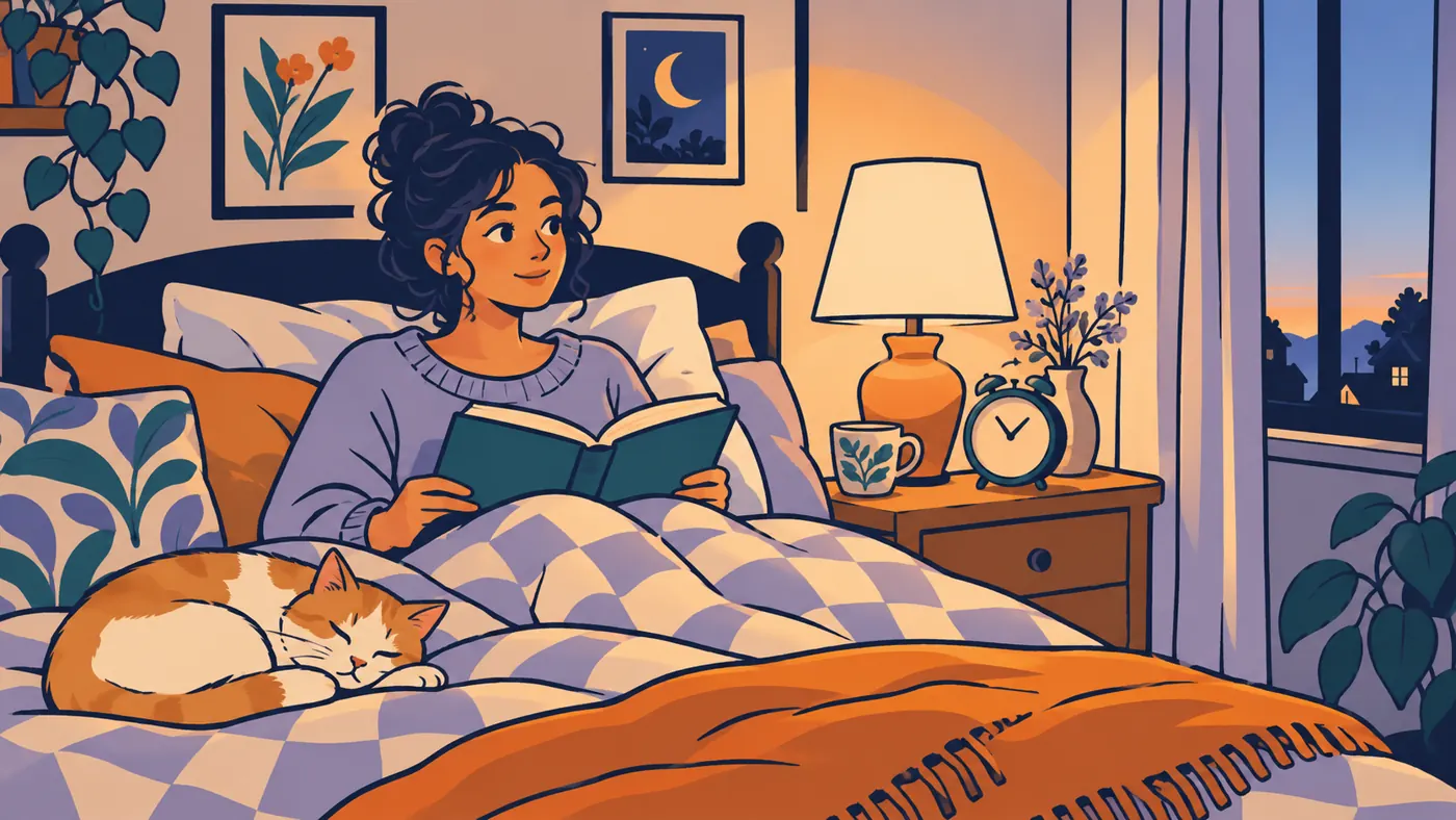 Mulher lê na cama com a luz acesa, gato dormindo ao lado e o céu já clareando na janela.