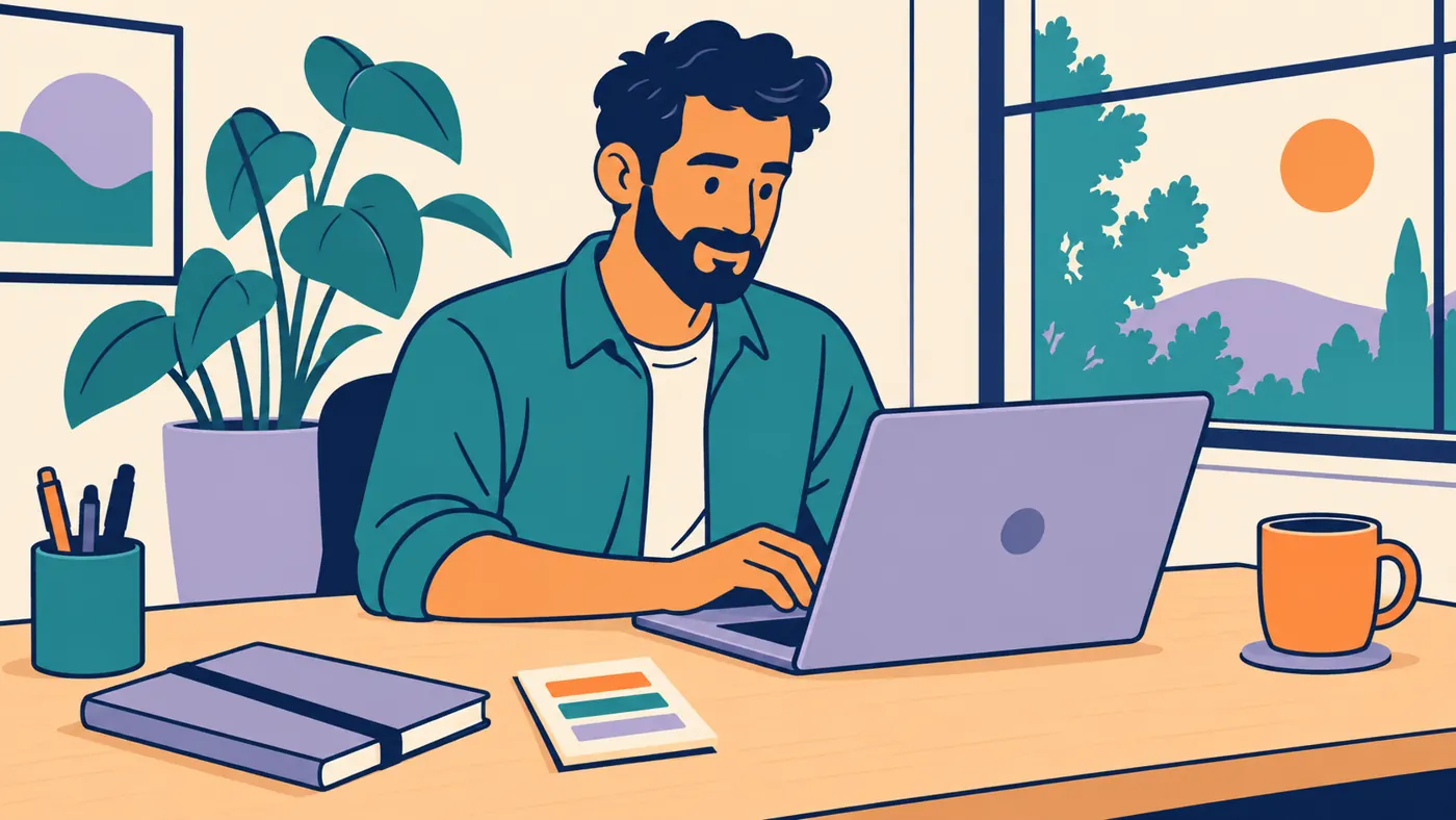 Homem trabalha no laptop junto à janela, com um cartão de três faixas coloridas na mesa.