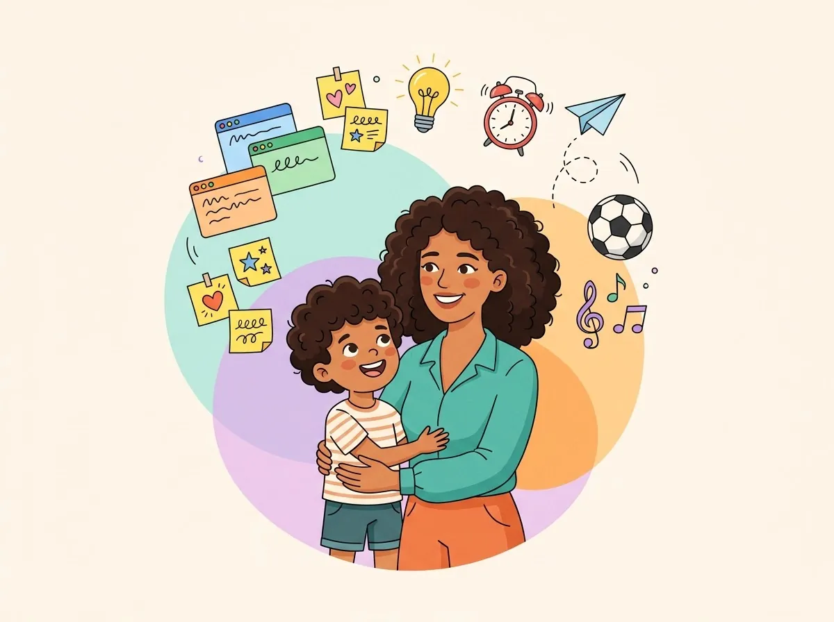 Mãe e filho se abraçando com carinho rodeados de ideias, imaginação e símbolos lúdicos de atenção